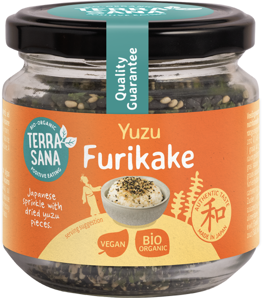 TerraSana Furikake Yuzu bio seasoning in 75g packet, a Japanese rice seasoning with yuzu citrus flavor and dried seaweed pieces.