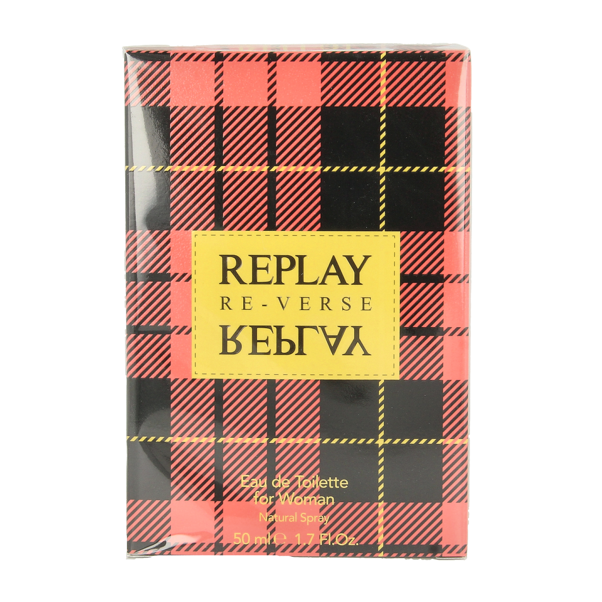 Replay Sign reverse woman eau de toilette 50ml bottle with sleek glass design and elegant packaging.