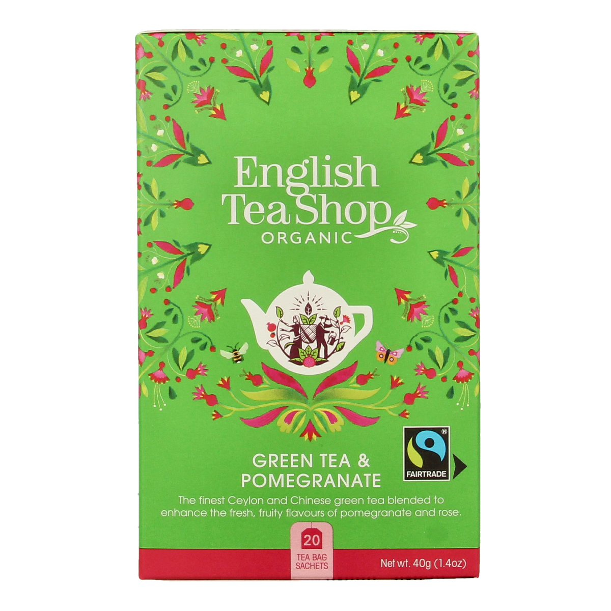 English Tea Shop organic green tea with pomegranate, 20 tea bags, in a colorful box, showcasing fresh tea leaves and pomegranate pieces.