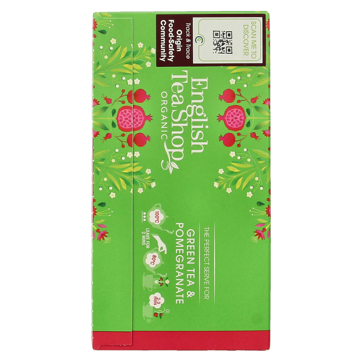 English Tea Shop organic green tea with pomegranate in 20 tea bags, natural herbal blend, and vibrant green and pomegranate imagery.