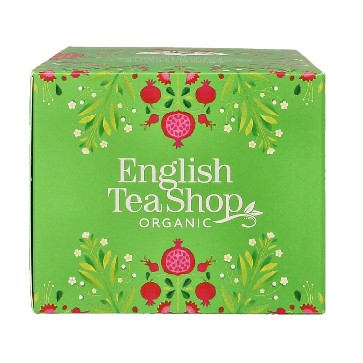 English Tea Shop organic green tea with pomegranate in 20 tea bags, fresh and aromatic herbal tea product.