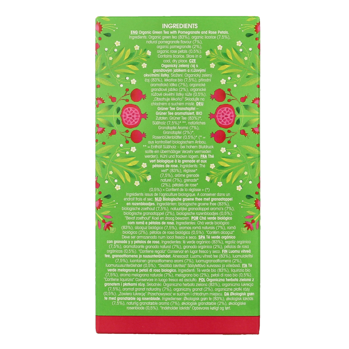 English Tea Shop green tea with pomegranate in bio tea bags, showing vibrant green tea leaves and pomegranate pieces.