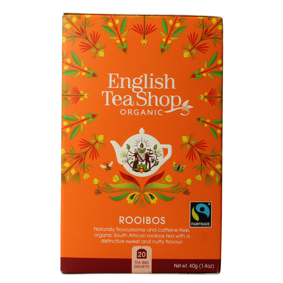 Organic Rooibos tea bags by English Tea Shop, showcasing 20 herbal tea sachets in a natural, eco-friendly packaging.