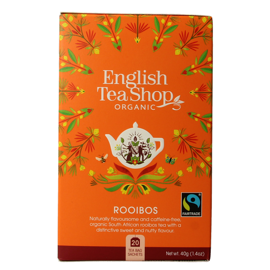 Organic Rooibos tea bags by English Tea Shop, showcasing 20 herbal tea sachets in a natural, eco-friendly packaging.