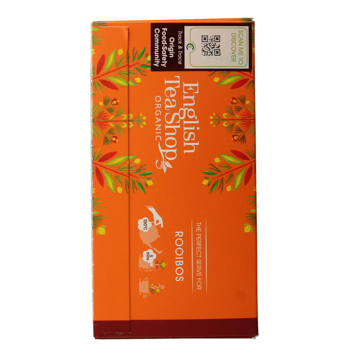 English Tea Shop organic Rooibos tea bags, 20-count, in a box with tea leaves and packaging visible.