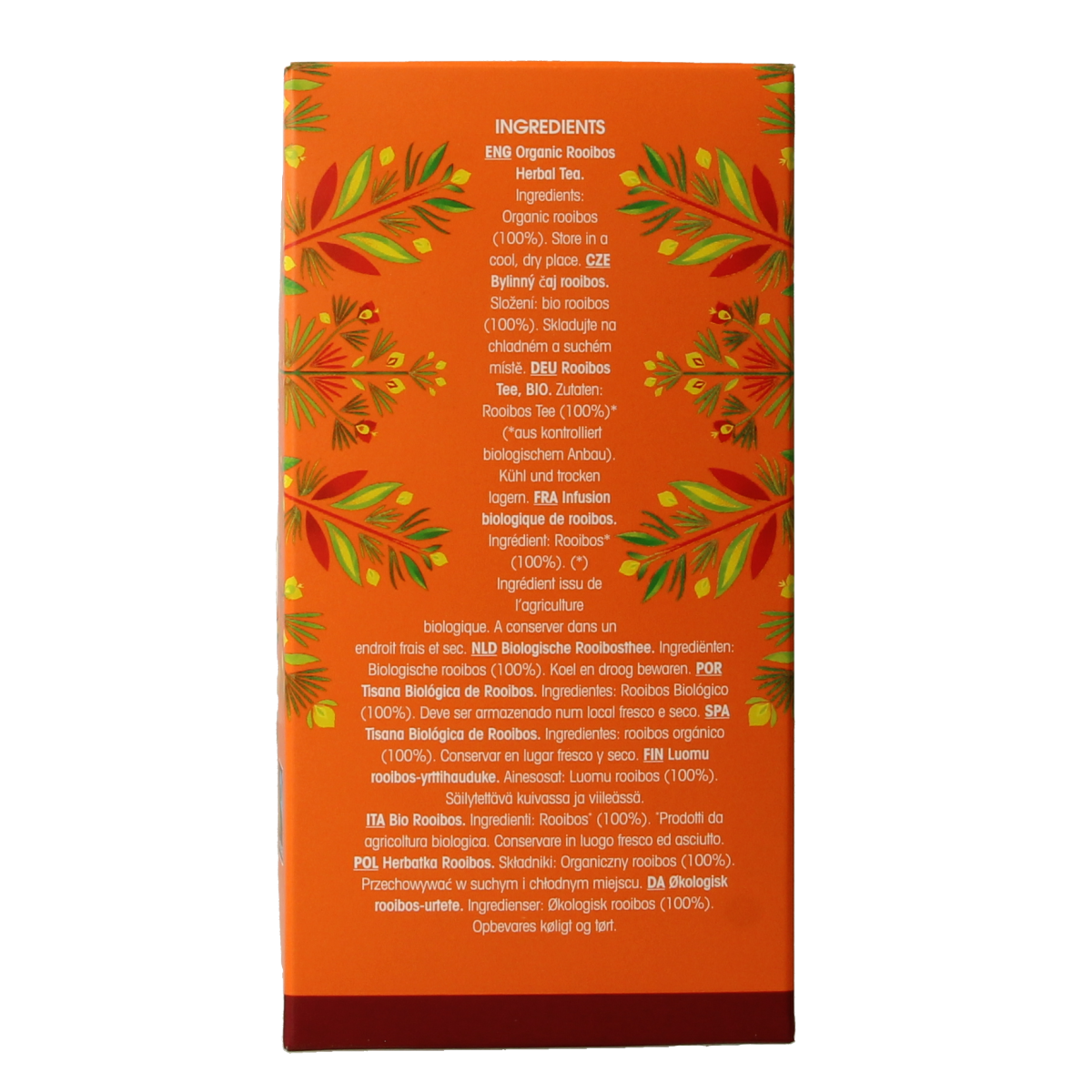 English Tea Shop Rooibos organic tea bags, 20 count, showing red rooibos tea leaves in a clear packet.