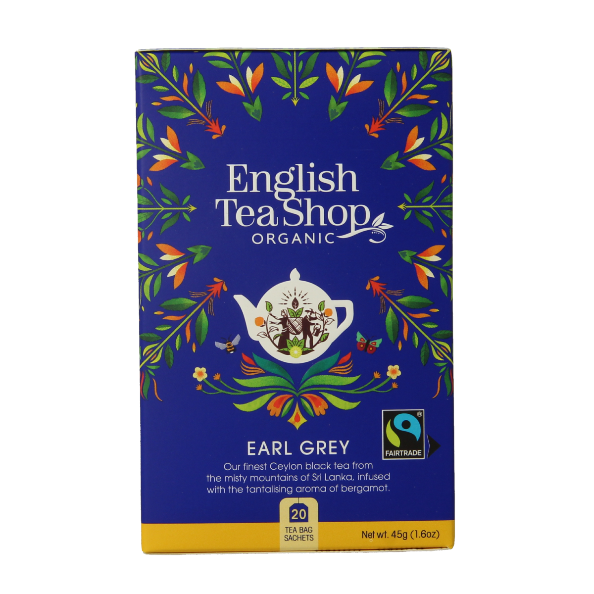 English Tea Shop Earl Grey bio tea bags, 20-count, in a colorful box with tea leaves and citrus slices.