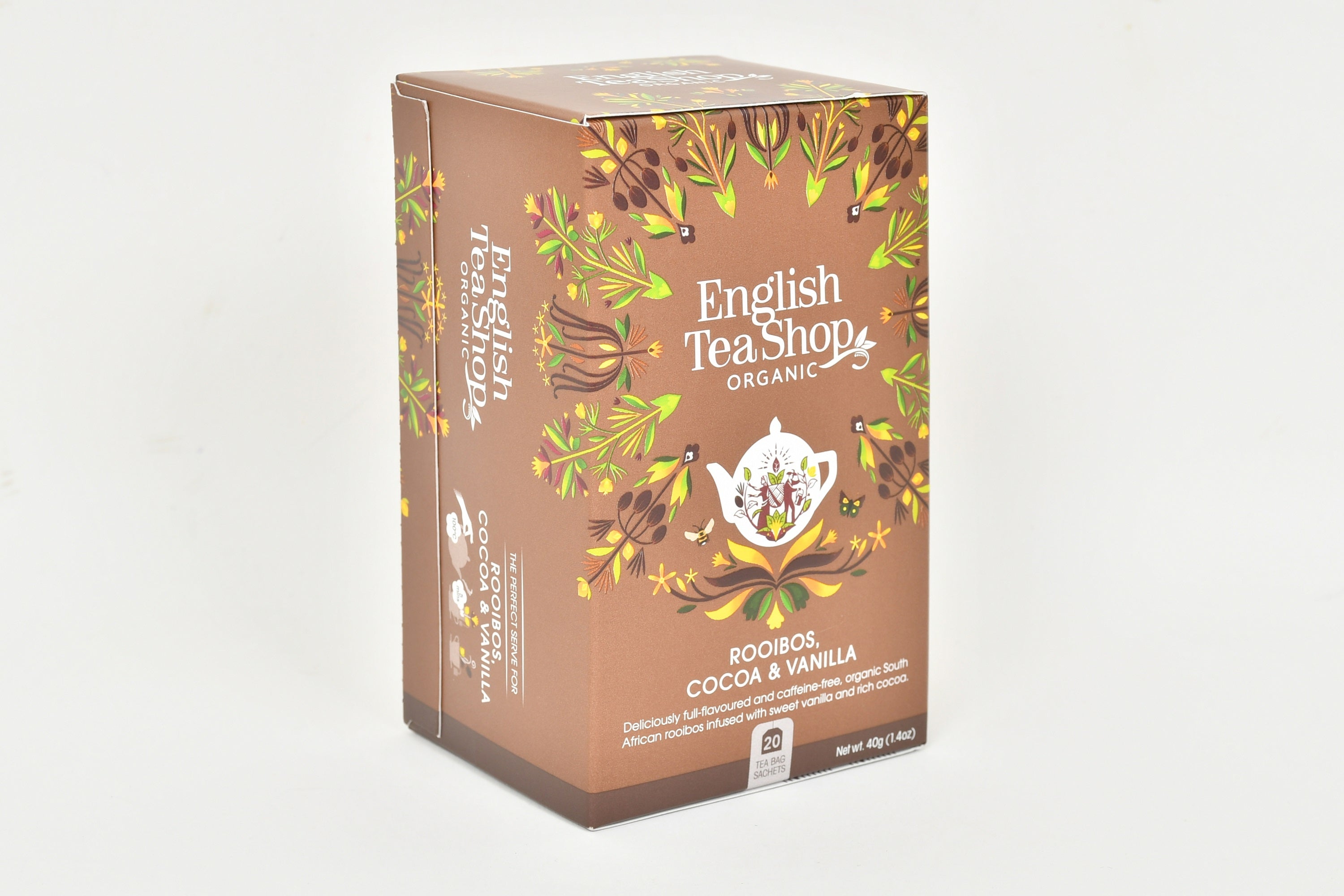 English Tea Shop Rooibos cacao vanilla organic tea bags in a box, showcasing the colorful packaging and individual tea sachets.