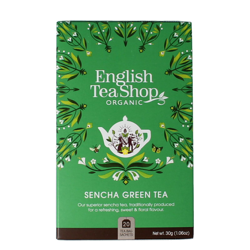 English Tea Shop Japanese green sencha tea bags, organic, 20-pack, fresh green tea leaves in individual tea sachets.