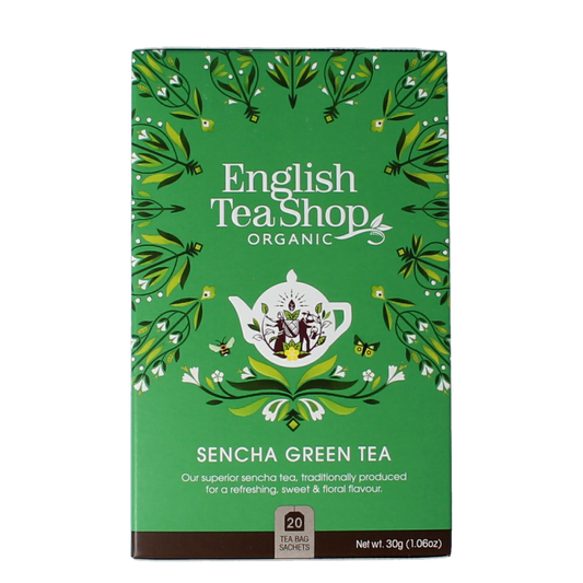 English Tea Shop Japanese green sencha tea bags, organic, 20-pack, fresh green tea leaves in individual tea sachets.