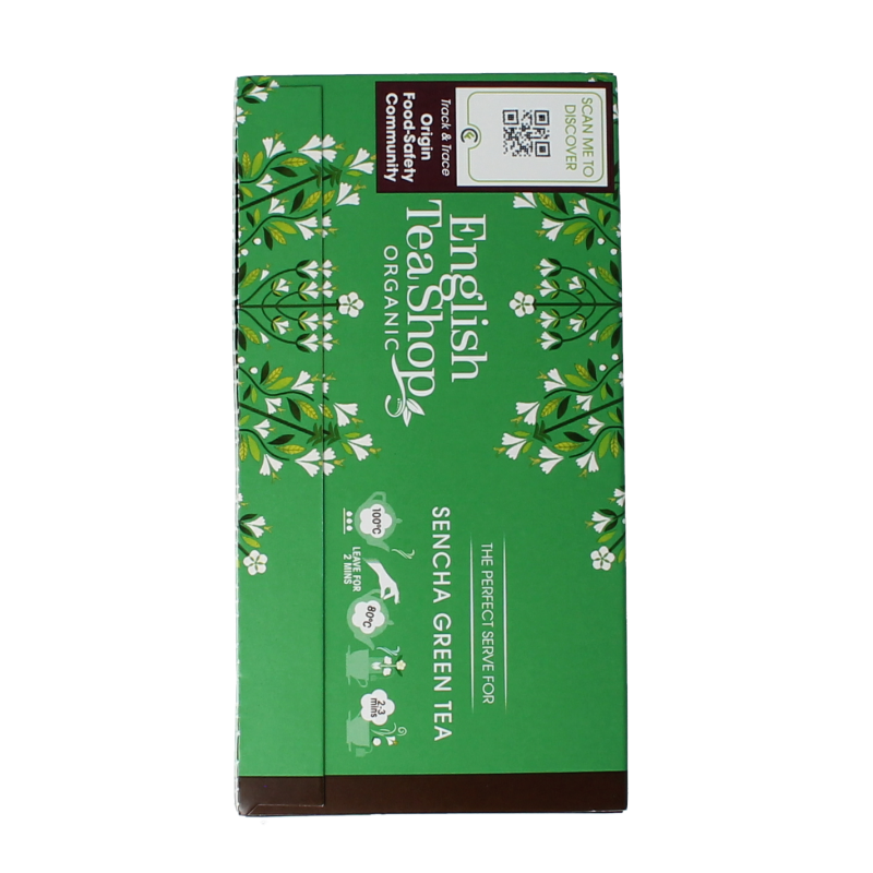 English Tea Shop Japanese green sencha tea bags, organic, 20 sachets, fresh green tea leaves in green packaging.