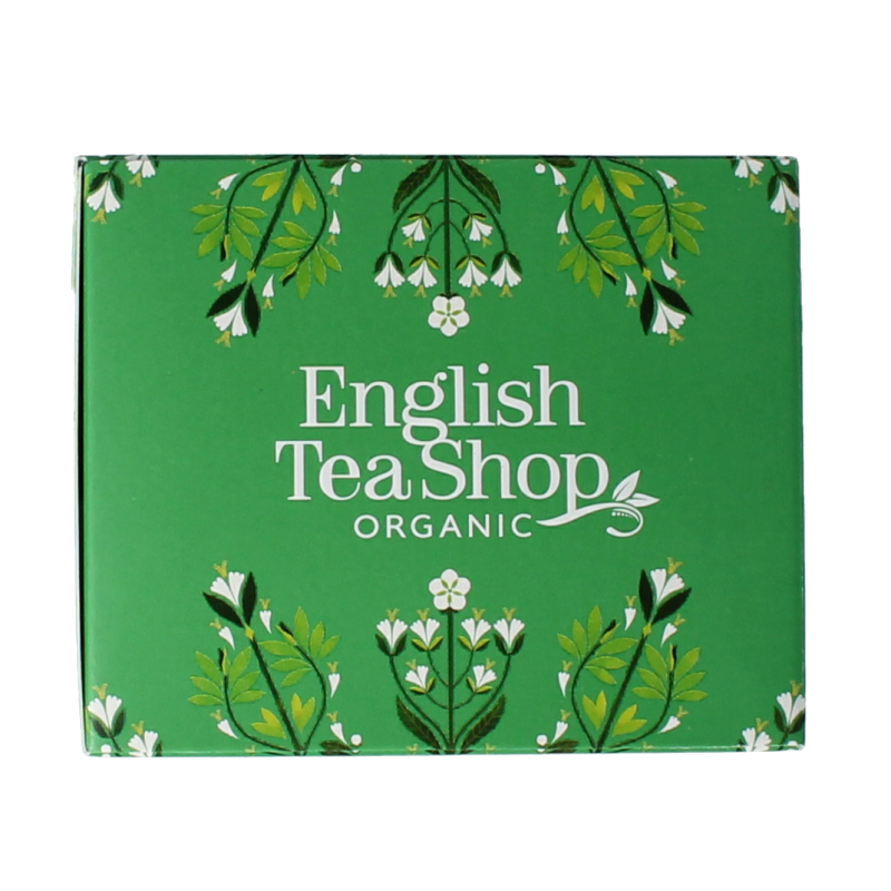 English Tea Shop Japanese organic green sencha tea bags, 20-count, with fresh green tea leaves in individual sachets.