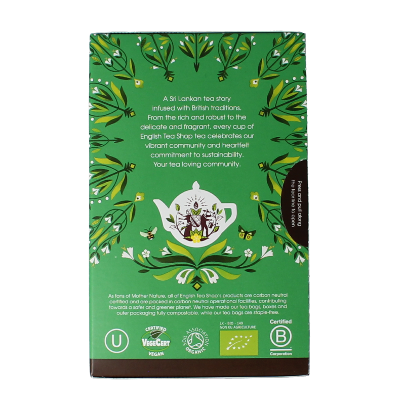 Organic Japanese green Sencha tea bags by English Tea Shop, displayed in a box with green tea leaves and packaging.