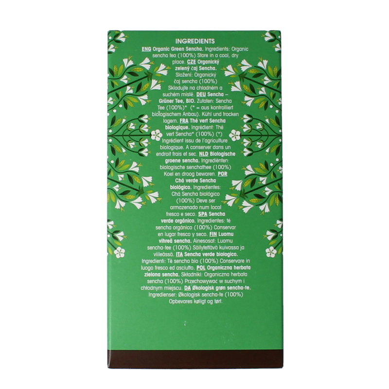 English Tea Shop Japanese organic green sencha tea in a box of 20 tea bags, fresh and vibrant for brewing.