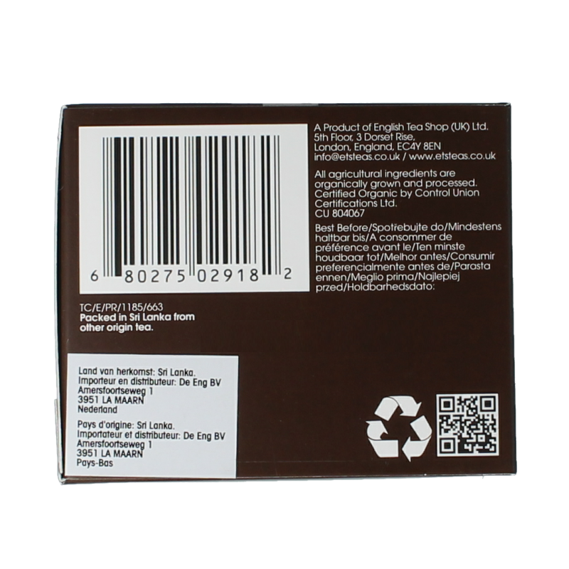 Organic Japanese green Sencha tea bags by English Tea Shop, showing 20 individual tea sachets arranged in a box.