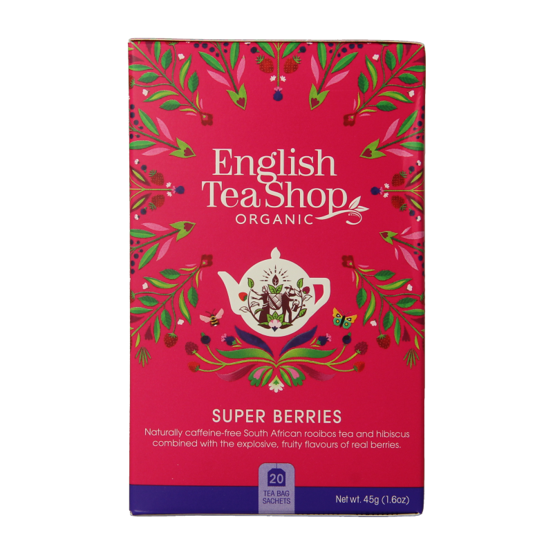 English Tea Shop Superberries bio tea in 20 tea bags, featuring vibrant berry blend in a colorful packaging.
