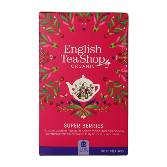 English Tea Shop Superberries bio tea in 20 tea bags, featuring vibrant berry blend in a colorful packaging.