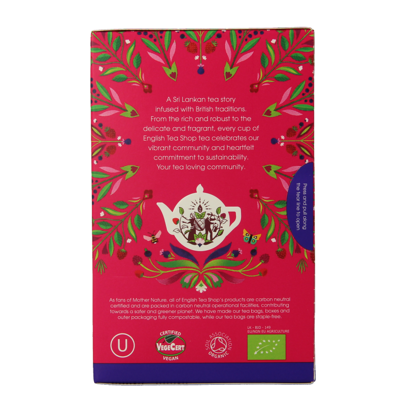 English Tea Shop Superberries bio tea bags, showcasing a box of 20 organic berry-flavored tea packets.