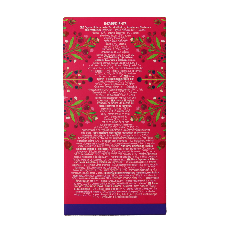 English Tea Shop Superberries organic tea in a box, showcasing 20 tea bags with vibrant berry and herbal ingredients.