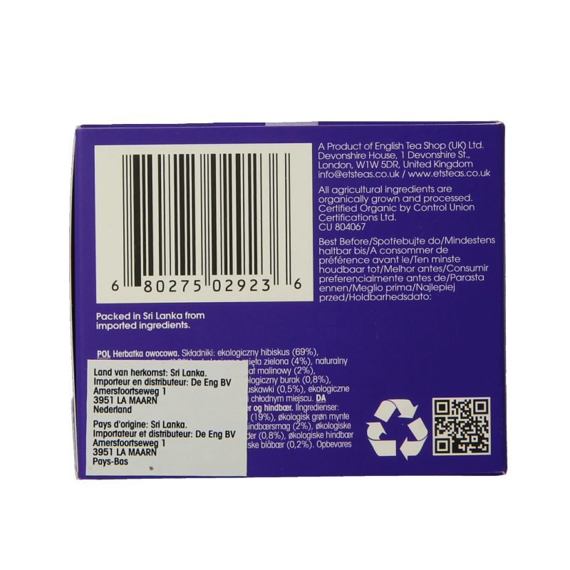 English Tea Shop Superberries bio tea bags, pack of 20, featuring a colorful box with berry-infused herbal tea.