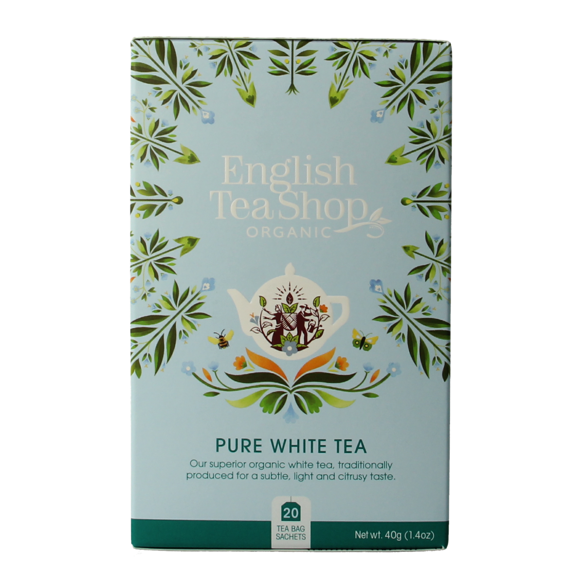 English Tea Shop organic white tea in 20 tea bags, showcasing the packaging and tea leaves.