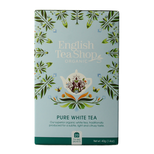 English Tea Shop organic white tea in 20 tea bags, showcasing the packaging and tea leaves.