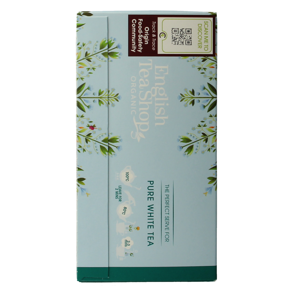 English Tea Shop White Bio Tea in 20 tea bags, natural white tea leaves, packaged for fresh brewing.