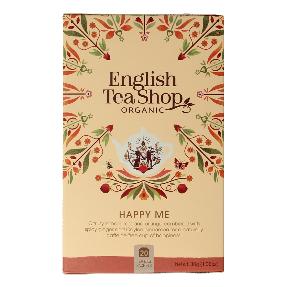 English Tea Shop Happy Me organic tea bags, 20-count box, featuring colorful packaging and tea infuser illustrations.