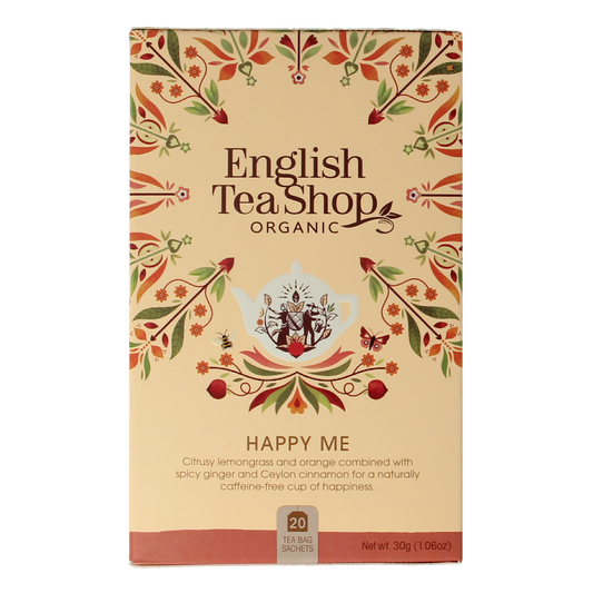 English Tea Shop Happy Me organic tea bags, 20-count box, featuring colorful packaging and tea infuser illustrations.