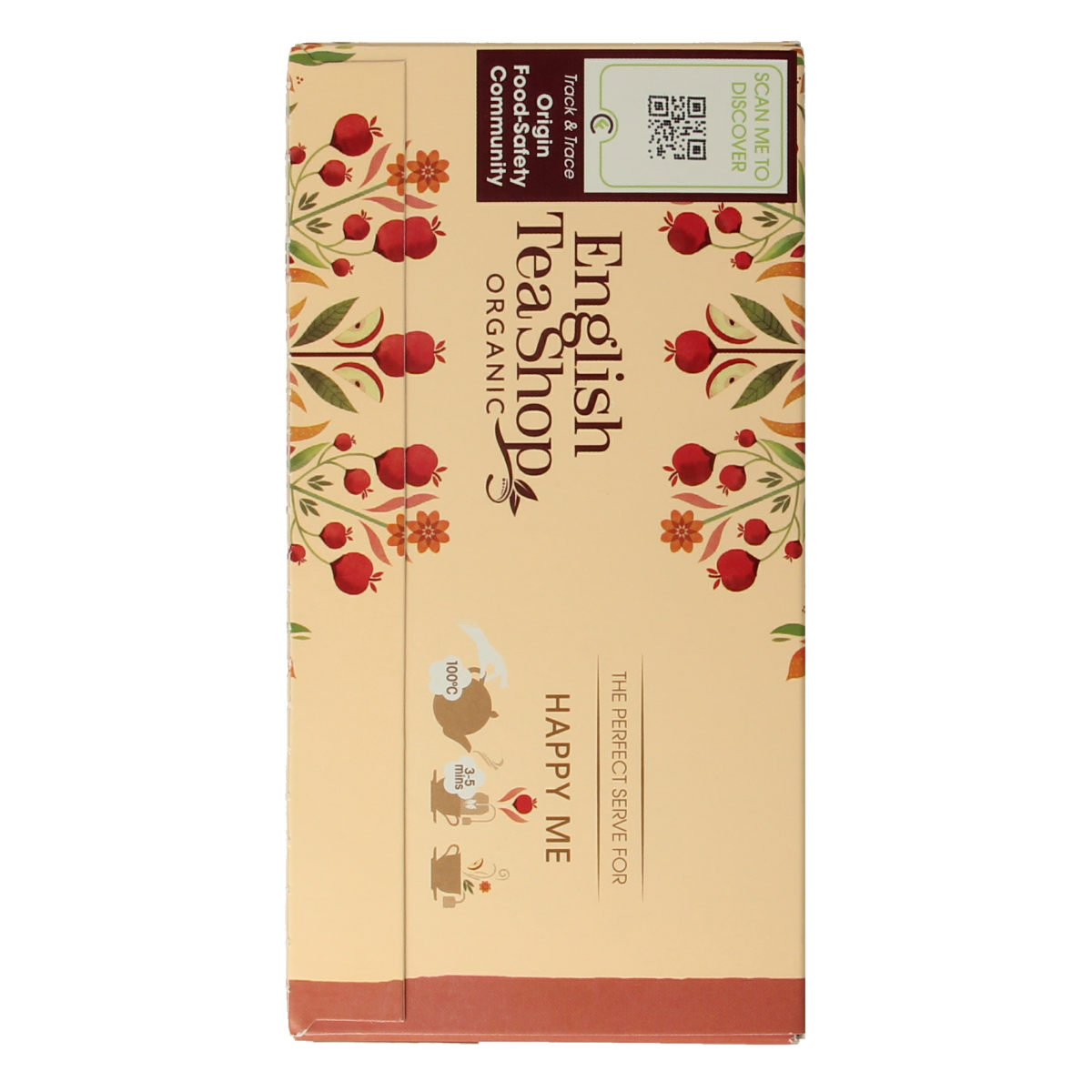 English Tea Shop Happy Me organic tea bags, 20-count, showcasing colorful packaging with tea leaves and branding.