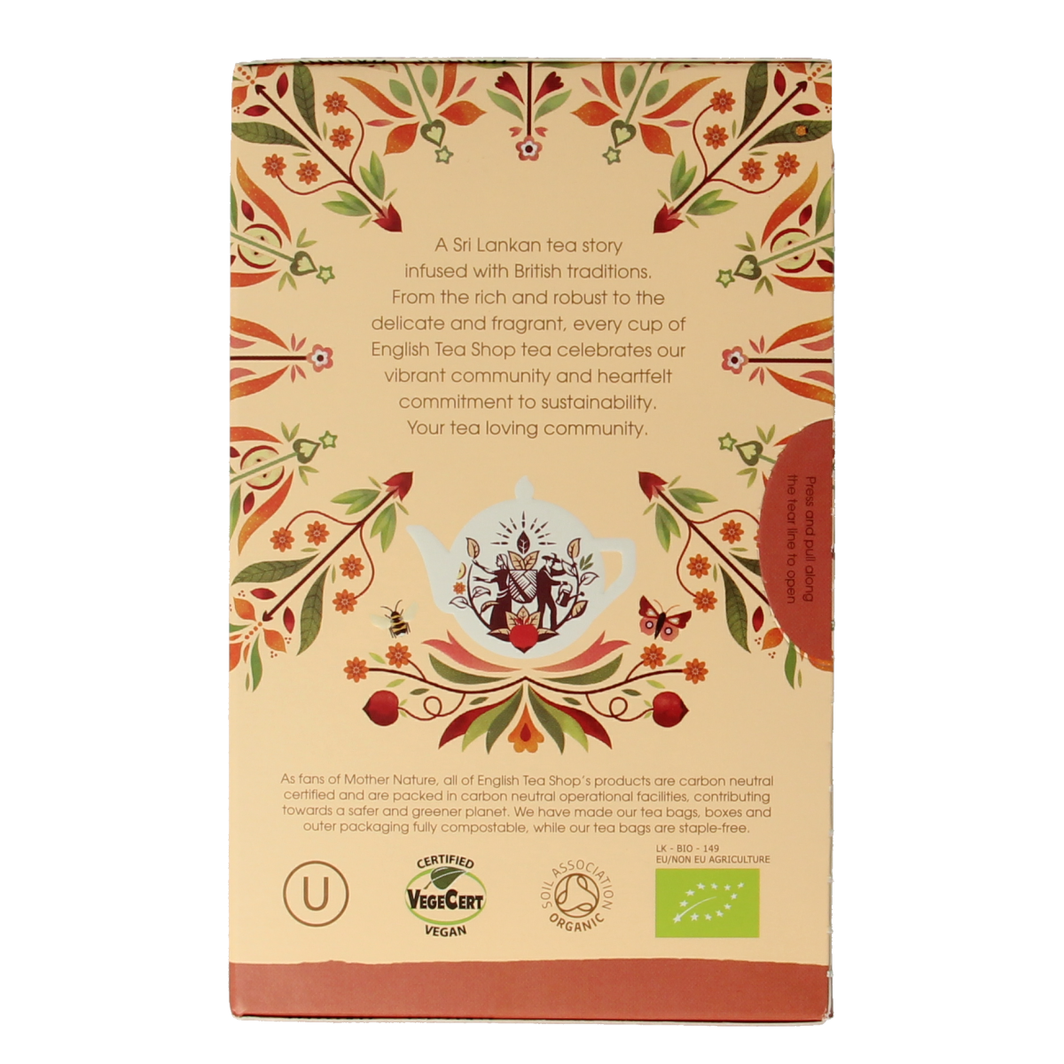 English Tea Shop Happy Me organic tea bags, 20-count, with colorful packaging and tea leaves visible in the image.