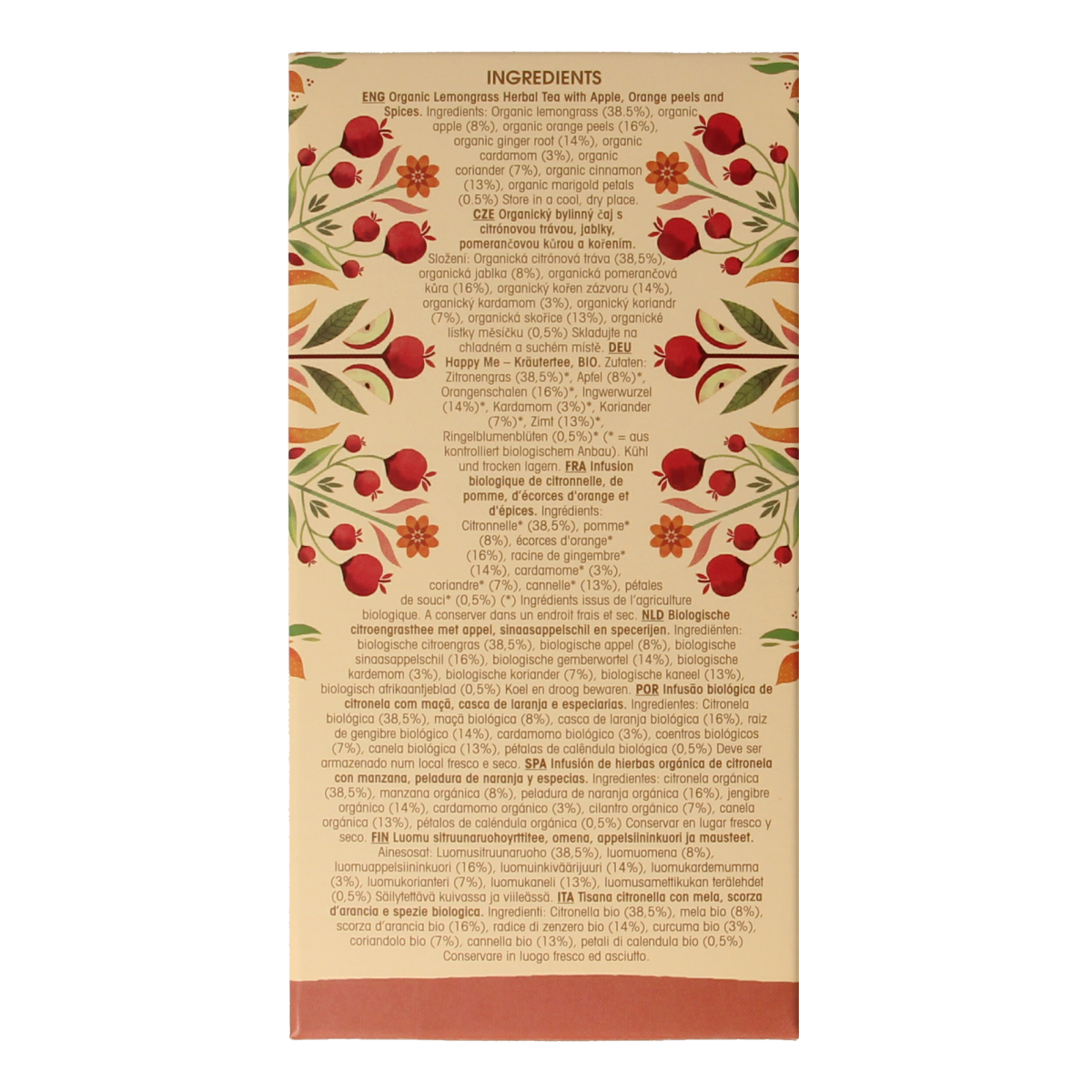 English Tea Shop Happy Me organic tea bags, 20-count, featuring colorful packaging with herbal tea leaves and cheerful design.