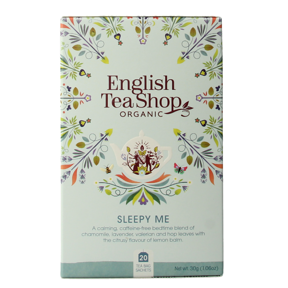 English Tea Shop Sleepy Me organic tea in 20 tea bags, featuring calming herbal blend in a box.