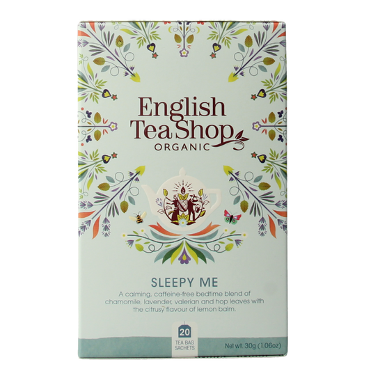 English Tea Shop Sleepy Me organic tea in 20 tea bags, featuring calming herbal blend in a box.