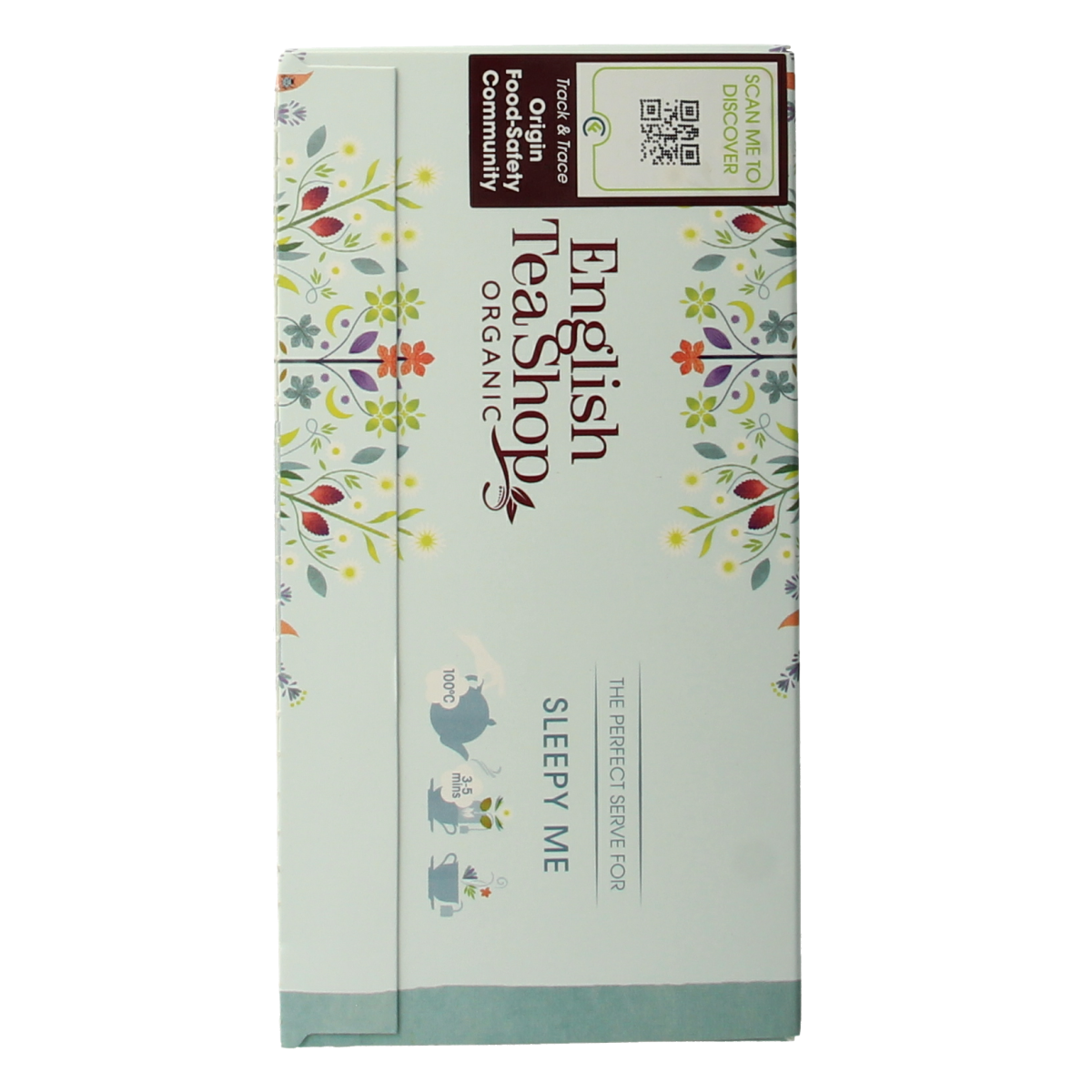 English Tea Shop Sleepy Me organic tea in 20 tea bags, featuring calming herbal blend for relaxation and sleep.