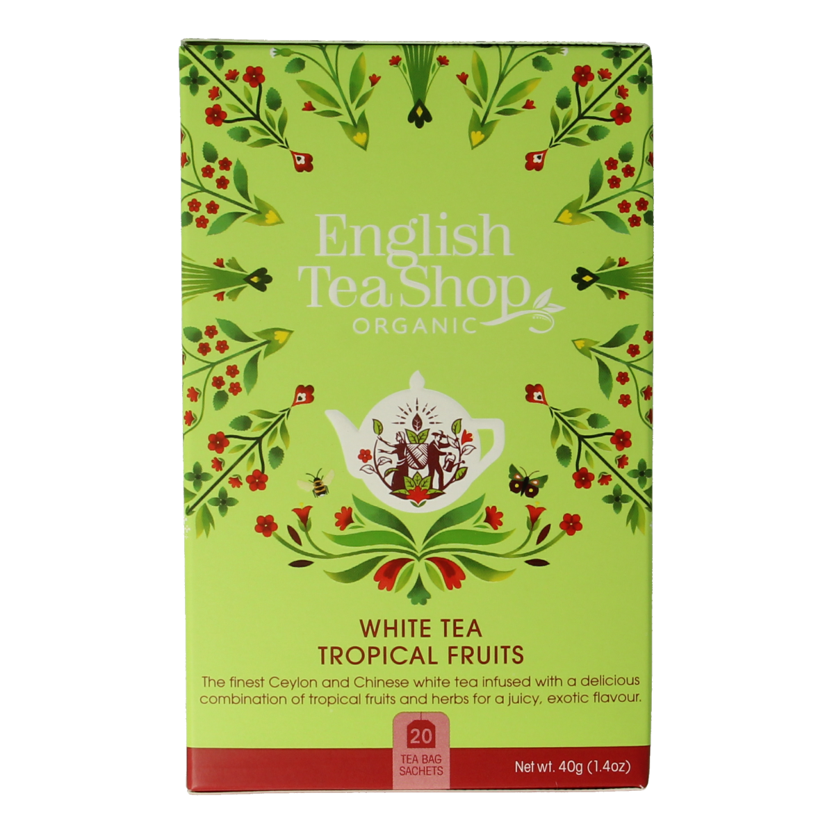 English Tea Shop white tropical fruits organic tea in a box, featuring white tea leaves with tropical fruit flavors.
