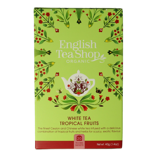 English Tea Shop white tropical fruits organic tea in a box, featuring white tea leaves with tropical fruit flavors.