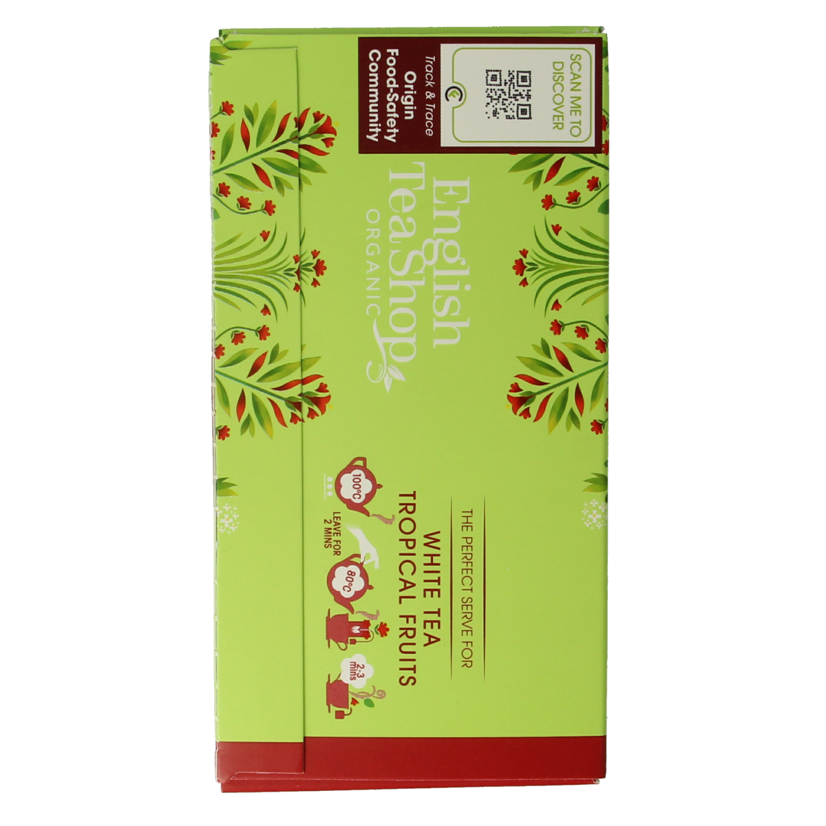 English Tea Shop white tropical fruit organic tea in 20 tea bags, featuring a white tea blend with tropical fruit flavors.