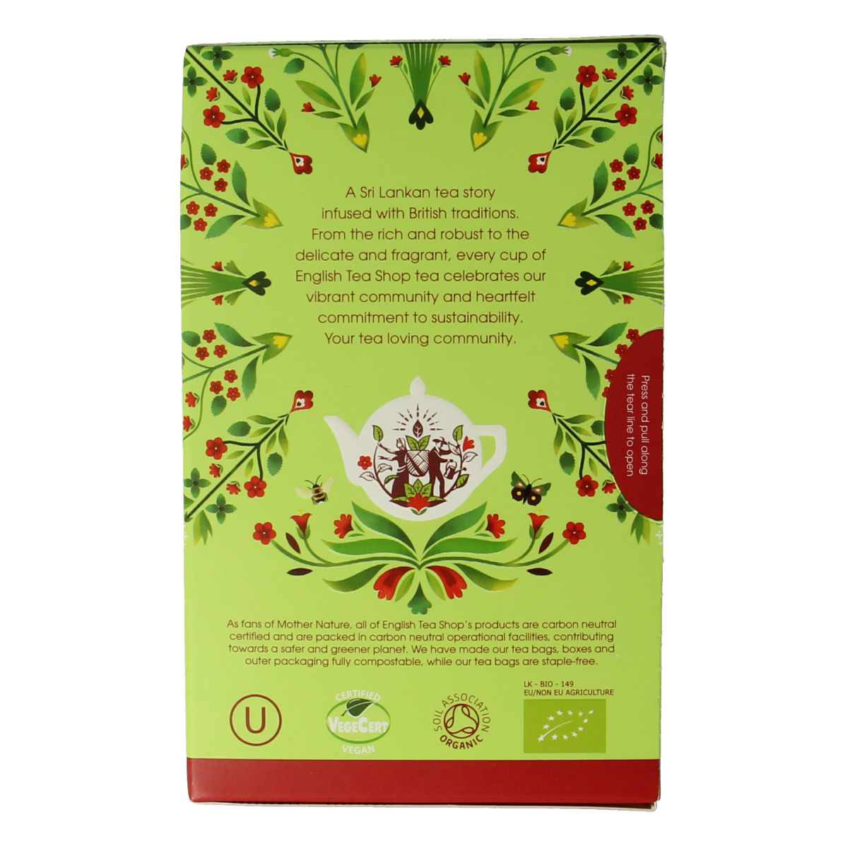 English Tea Shop white tropical fruits organic tea in a box, with tea bags and tropical fruit flavor.