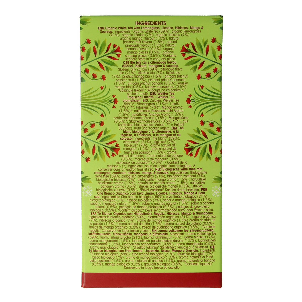 English Tea Shop white tropical fruits organic tea in 20 tea bags, showcasing a box with tropical fruit illustrations.