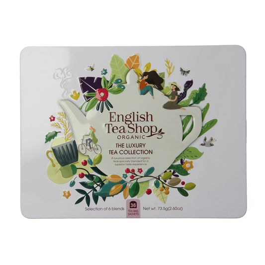English Tea Shop Luxury Collection Cadeaublik bio with 36 tea bags, organic coffee and tea selection in a gift box.