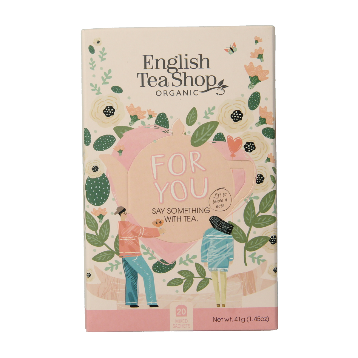 English Tea Shop For You bio tea bags, 20-count, organic coffee and tea product with colorful packaging.