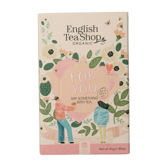 English Tea Shop For You bio tea bags, 20-count, organic coffee and tea product with colorful packaging.