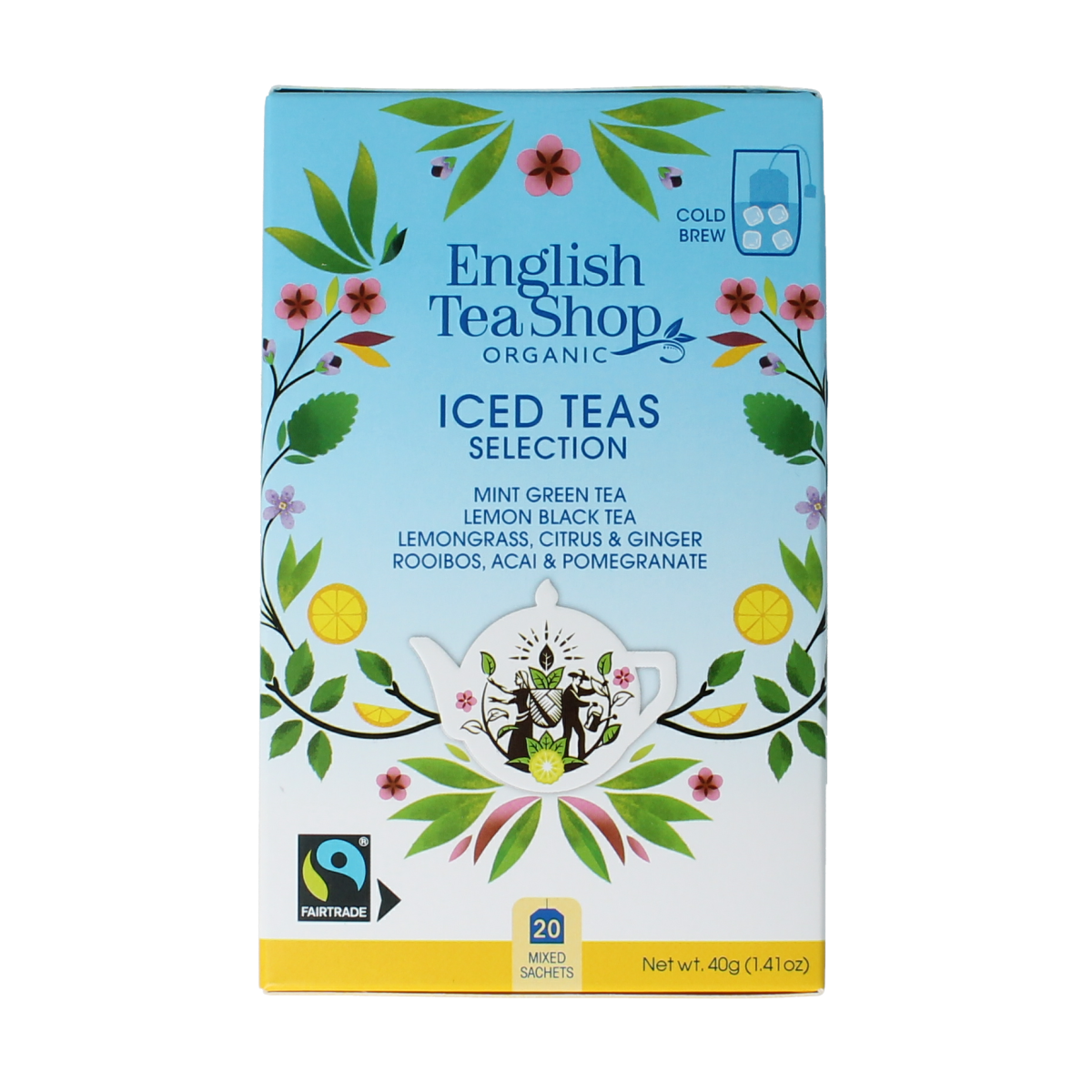 English Tea Shop iced tea selection in eco-friendly packaging, featuring a variety of organic tea bags for refreshing cold brews.