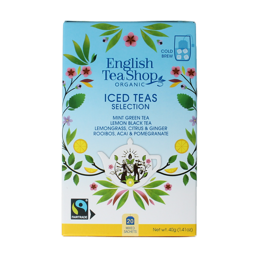 English Tea Shop iced tea selection in eco-friendly packaging, featuring a variety of organic tea bags for refreshing cold brews.