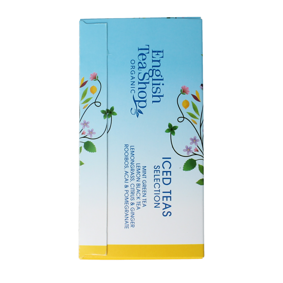 English Tea Shop iced tea selection with 20 organic tea bags, showcasing a variety of flavorful, natural tea options.