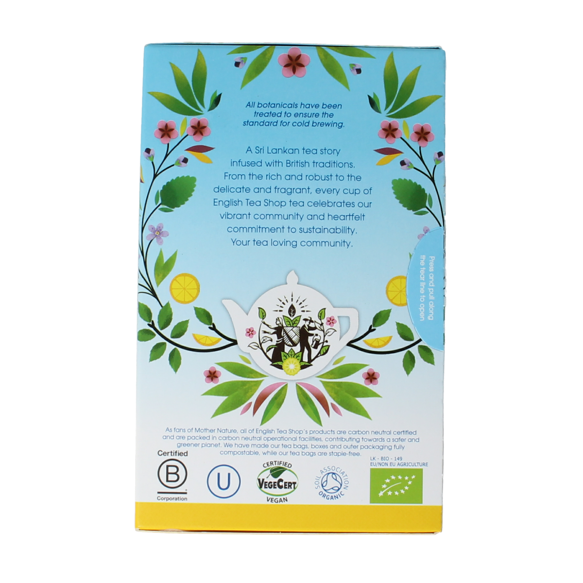 English Tea Shop organic iced tea selection with 20 tea bags, showcasing colorful packaging and variety of herbal and black teas.