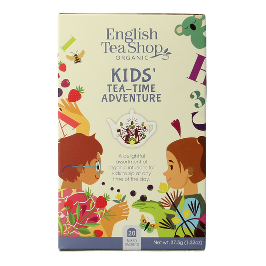 English Tea Shop Kids Tea Time Adventure organic tea bags in colorful packaging, perfect for children's tea moments.