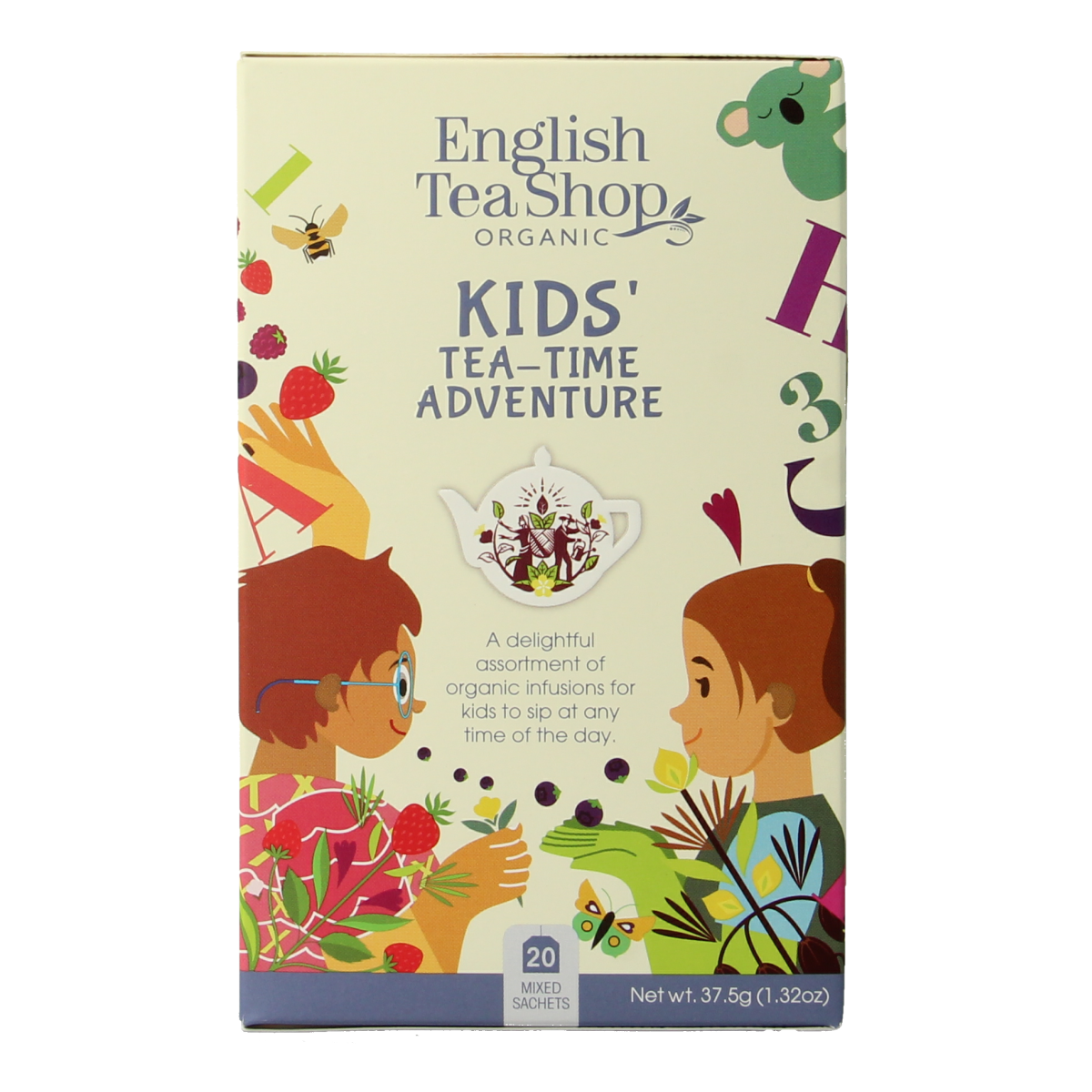 English Tea Shop Kids Tea Time Adventure organic tea bags, colorful packaging with playful illustrations for children.
