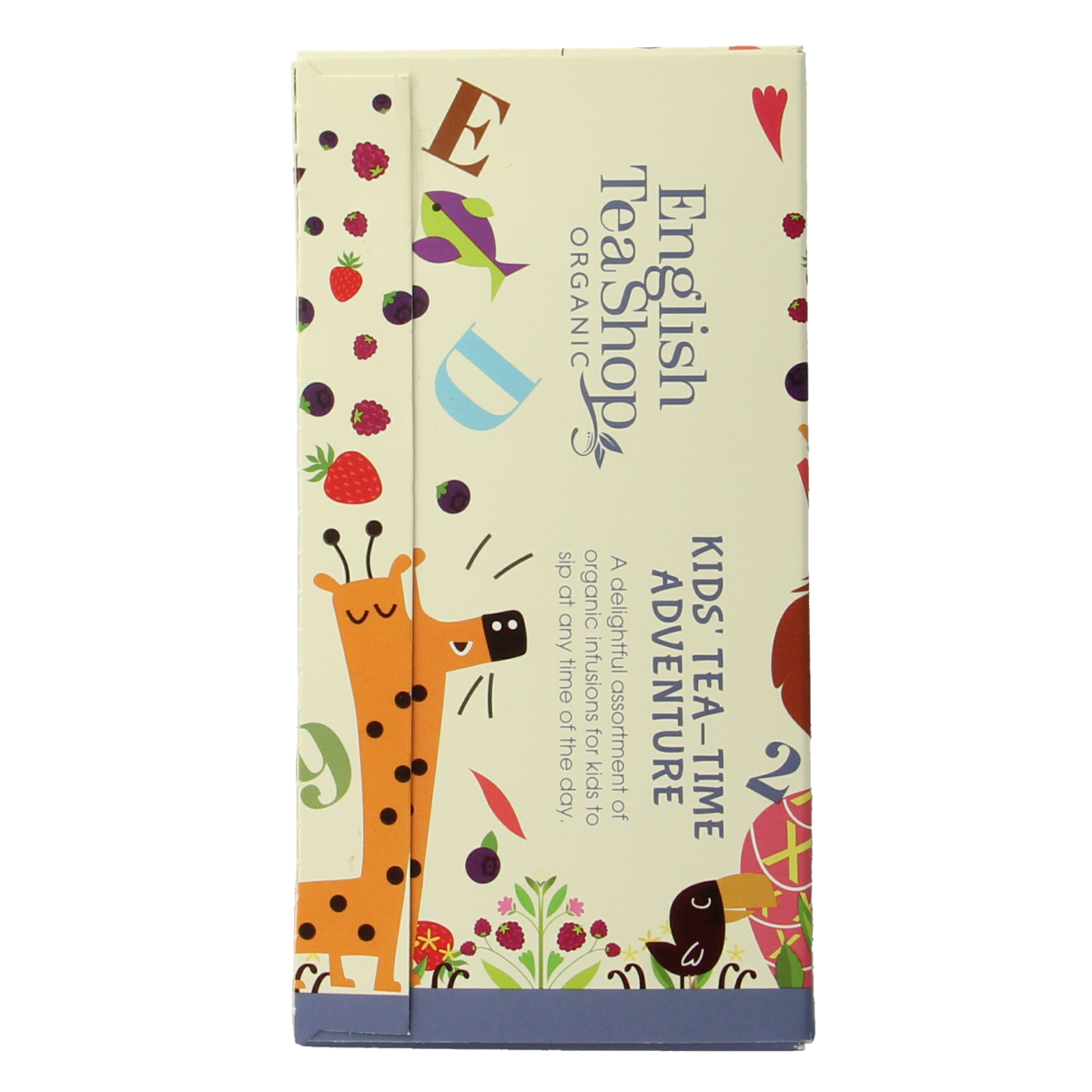 English Tea Shop Kids Tea Time Adventure organic tea bags, colorful packaging showcasing playful design for children.